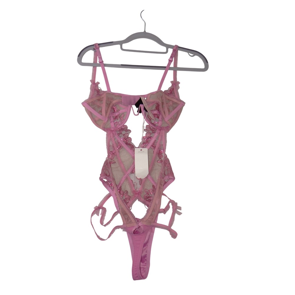 For Love & Lemons Pink Floral Lace Embroidered Bodysuit Teddy XS FW2022 3859